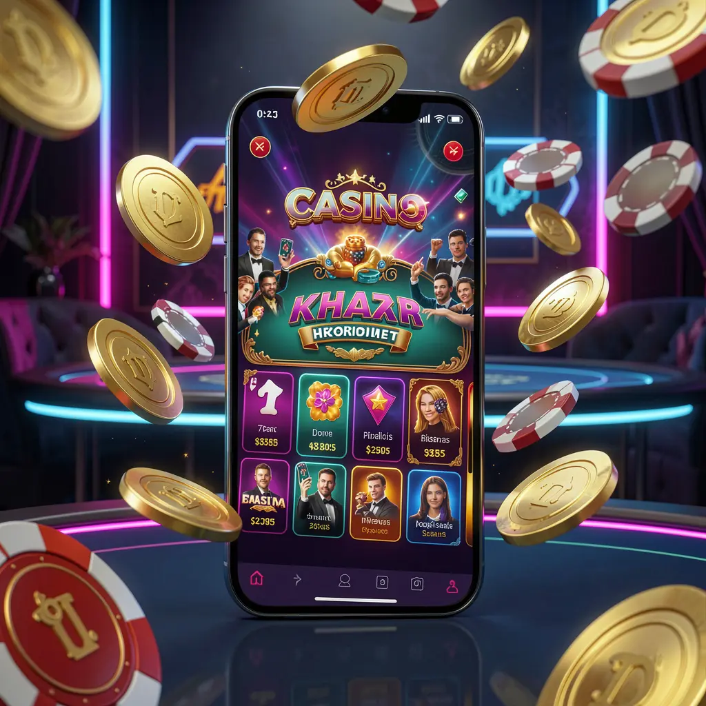3U 3U online casino mobile app hero banner featuring a modern smartphone with glowing casino interface, golden coins and poker chips flying around against a dark luxury background with neon accents