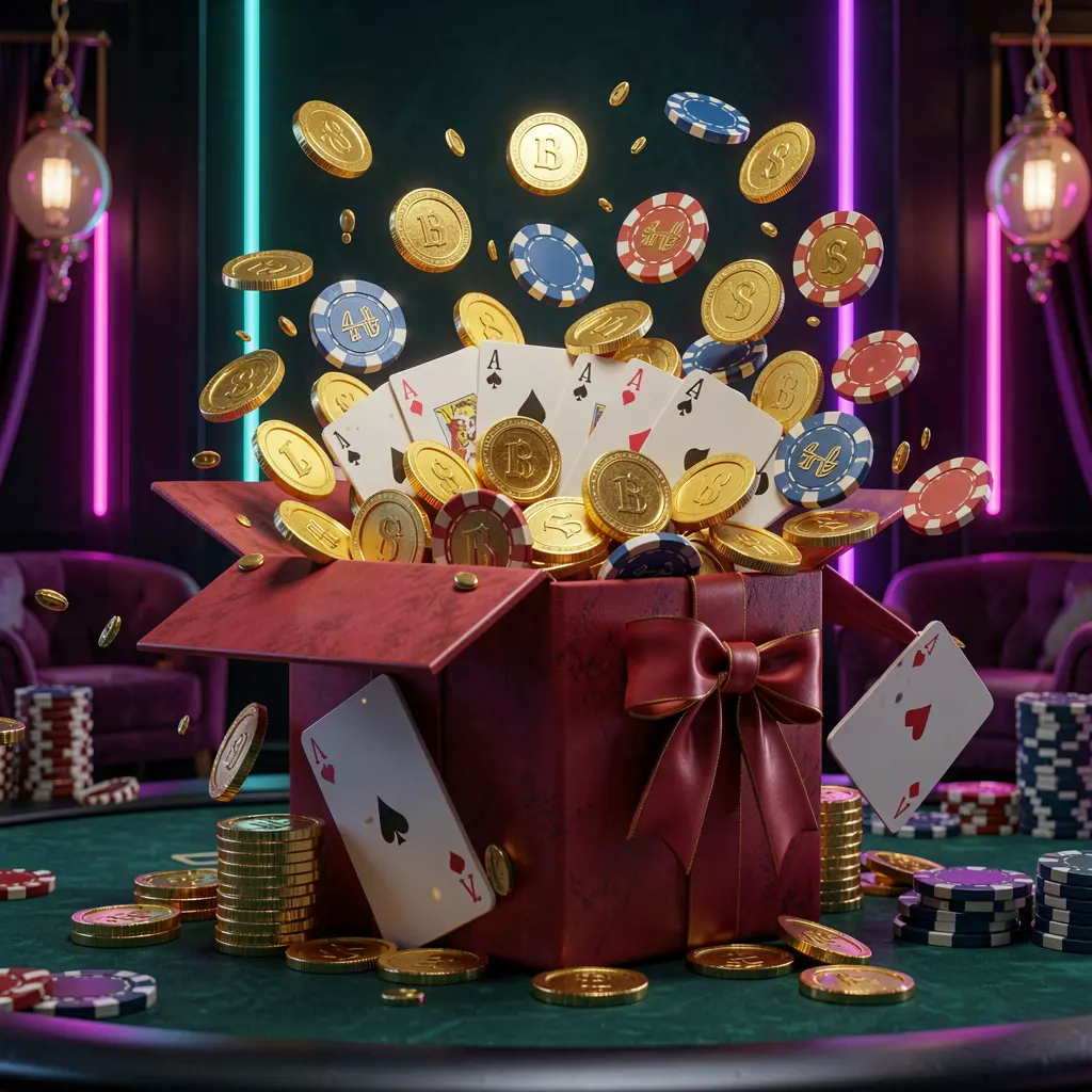 3U 3U online casino bonus gift box exploding with golden coins, poker chips, and playing cards against a dark luxury background with glowing neon accents