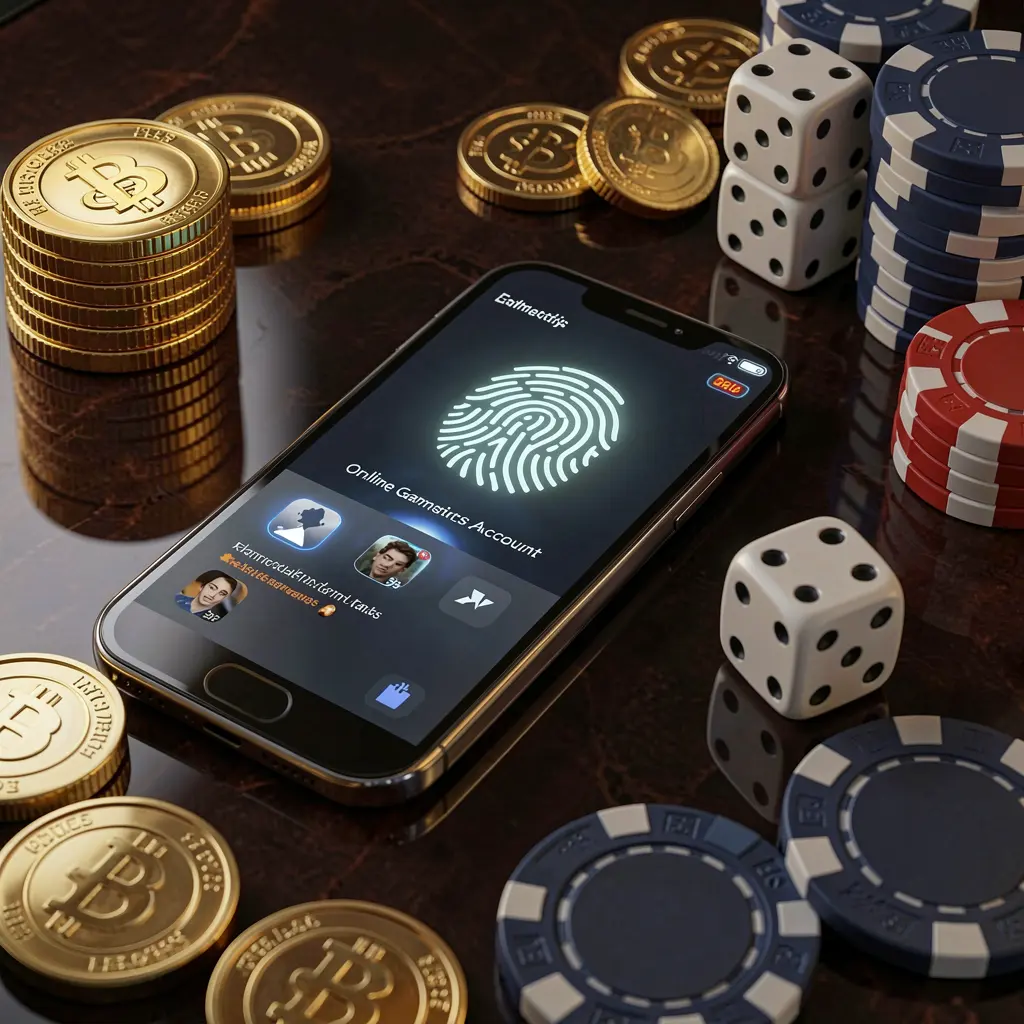 3U 3U online gaming account access scene showing a smartphone with glowing fingerprint icon surrounded by golden coins, dice, and poker chips on a glossy table with cinematic lighting