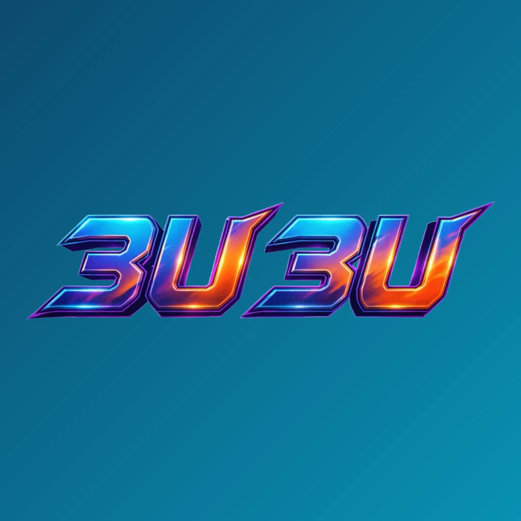 3U 3U bold gaming logo with strong 3D lettering in energetic colors, modern esports-inspired horizontal rectangular wordmark on transparent background