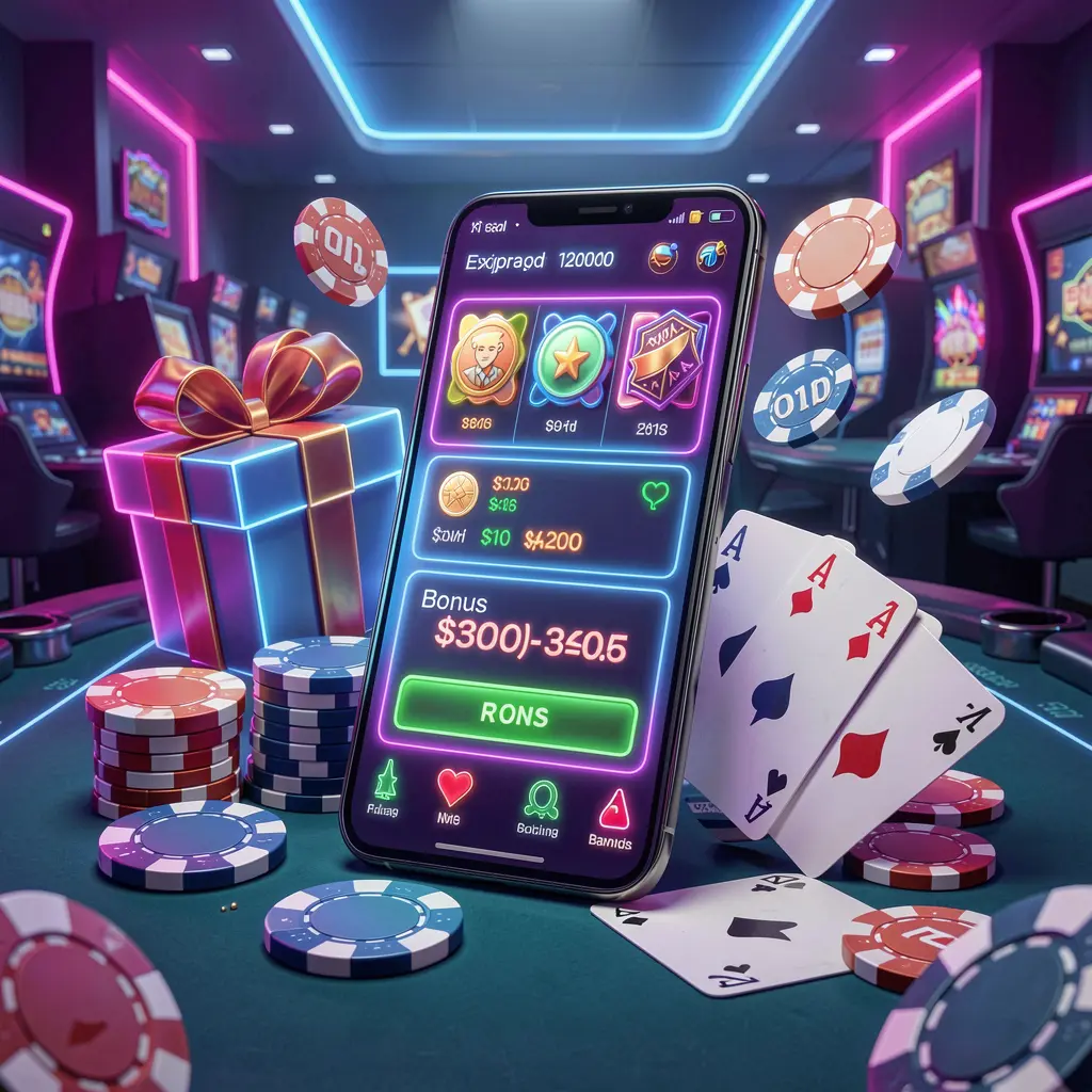 3U 3U modern casino website hero scene featuring a smartphone with a glowing interface surrounded by a bonus gift box, chips, coins, and playing cards in a premium neon casino style